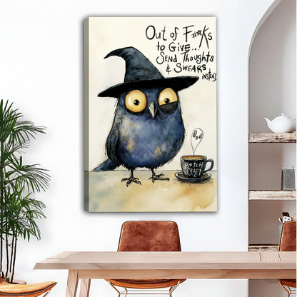 Frameless gallery wrap canvas print of sarcastic witch bird with coffee and ghost, funny humor wall art