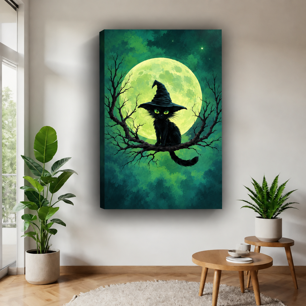 Unframed witch hat cat canvas wall art featuring bare branches and a luminous moon against an emerald sky.
