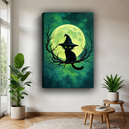 Unframed witch hat cat canvas wall art featuring bare branches and a luminous moon against an emerald sky.