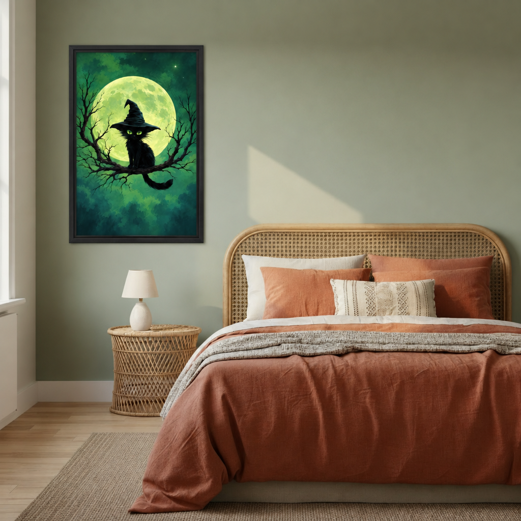 Black-framed witch hat cat wall art beside a rattan bed with terracotta bedding against a sage green wall.