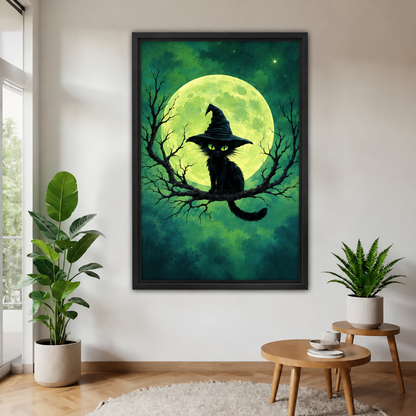 Witch hat cat wall art in a black frame, displayed near a bright window between potted plants.