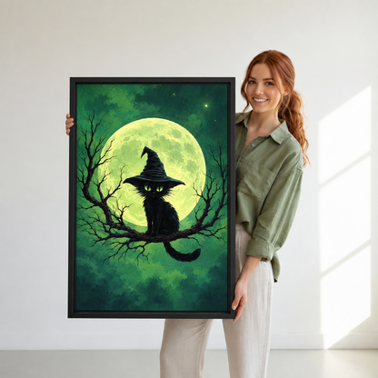 Woman holding black-framed witch hat cat wall art featuring a black cat perched before a yellow-green full moon.