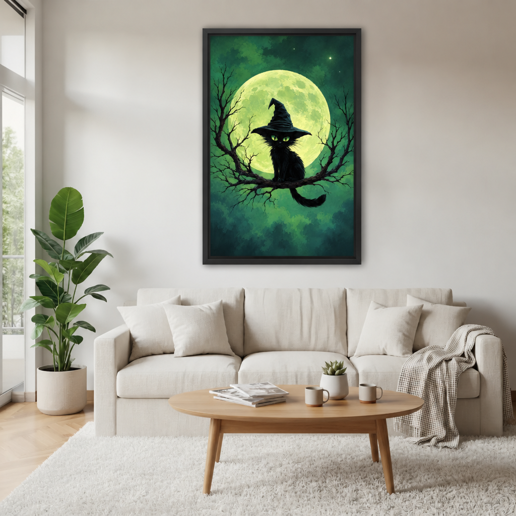 Framed witch hat cat wall art above a cream sofa with a wooden coffee table and leafy plant.
