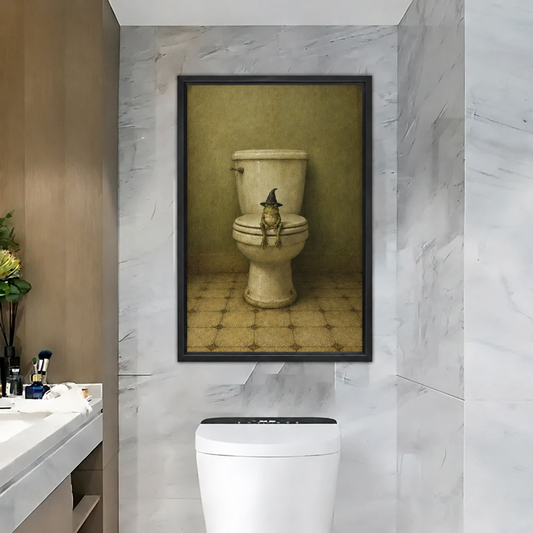 Witch hat frog canvas wall art in a black frame hanging above a white toilet against gray bathroom tiles.