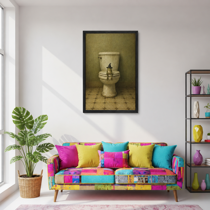 Black-framed witch hat frog canvas wall art displayed above a colorful sofa in a bright living room.