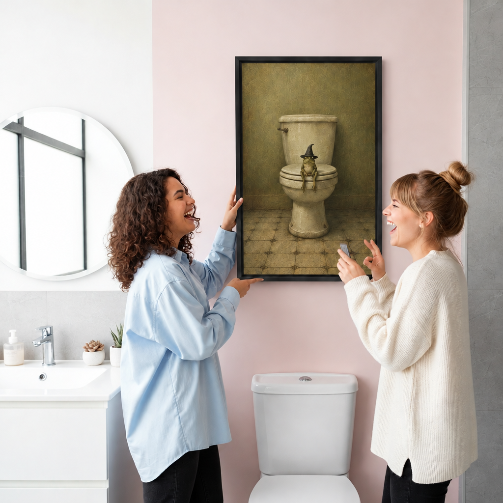 Two women smiling beside witch hat frog canvas wall art in a black frame on a pink bathroom wall.