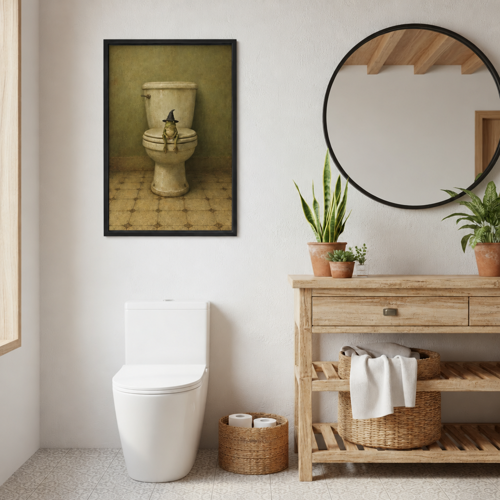  Black-framed witch hat frog canvas wall art beside a round mirror and wooden vanity with potted plants.