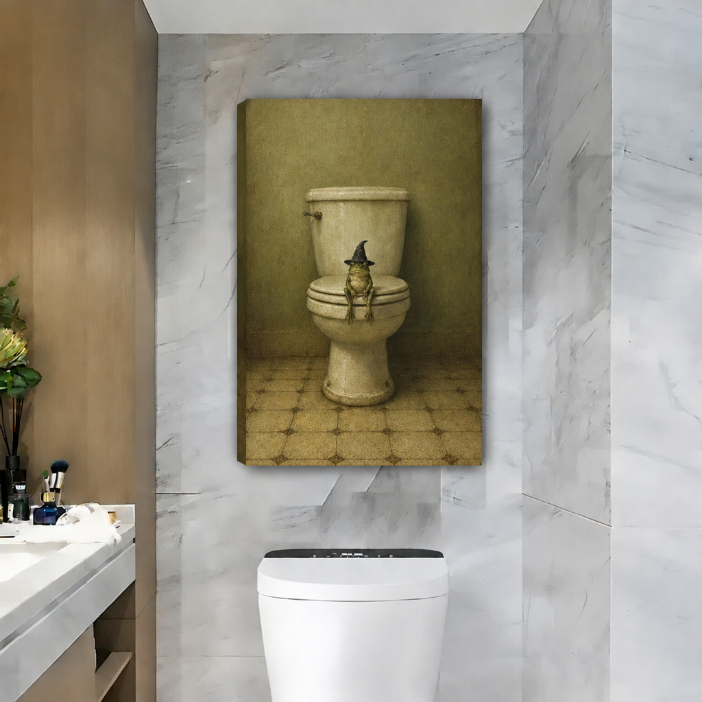 Unframed witch hat frog canvas wall art depicting a frog sitting on a toilet, displayed in a gray bathroom.