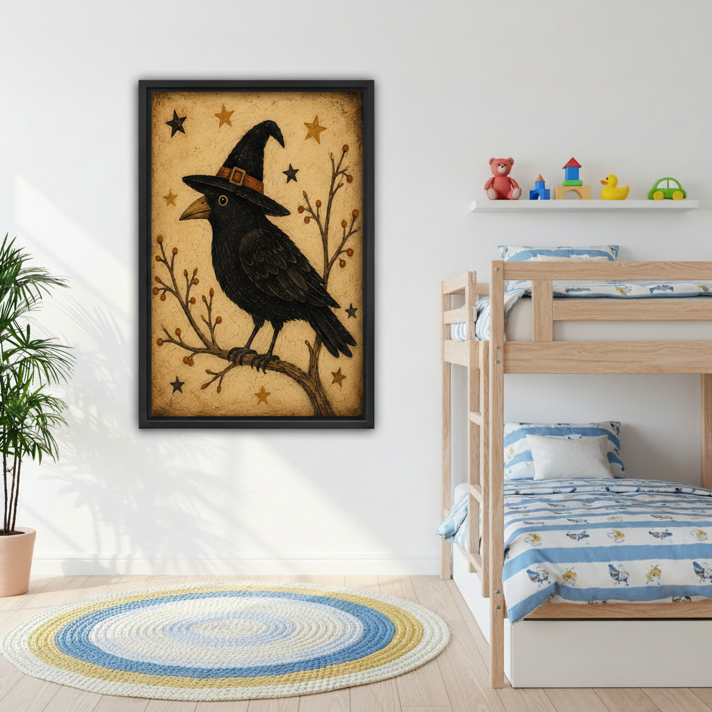 Witch hat raven canvas wall art decorating a cheerful children's bedroom beside a bunk bed