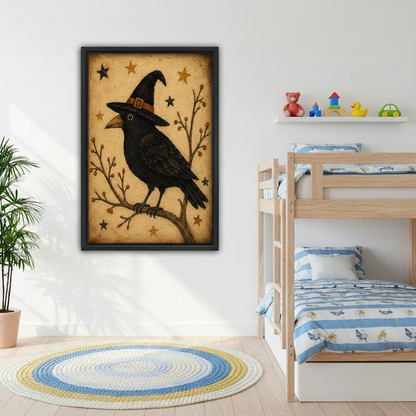 Witch hat raven canvas wall art decorating a cheerful children's bedroom beside a bunk bed