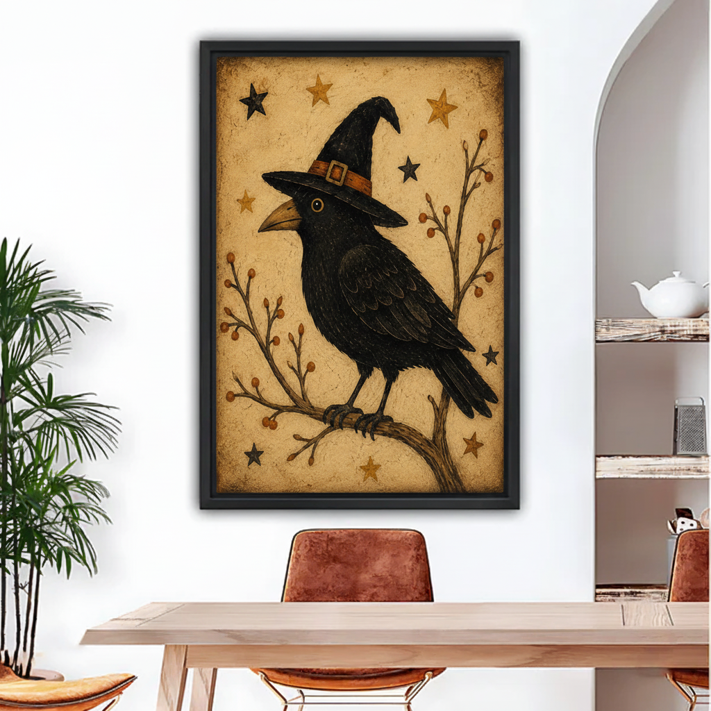  Framed witch hat raven canvas wall art styled above a dining table with a houseplant