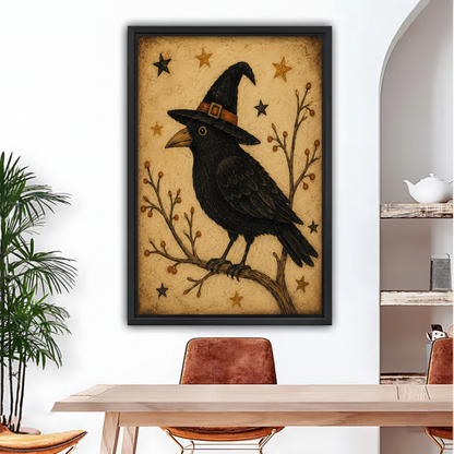  Framed witch hat raven canvas wall art styled above a dining table with a houseplant