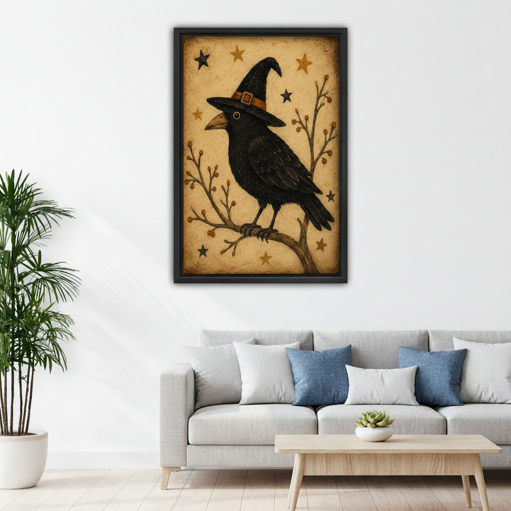  Witch hat raven canvas wall art displayed above a modern sofa in a bright living room