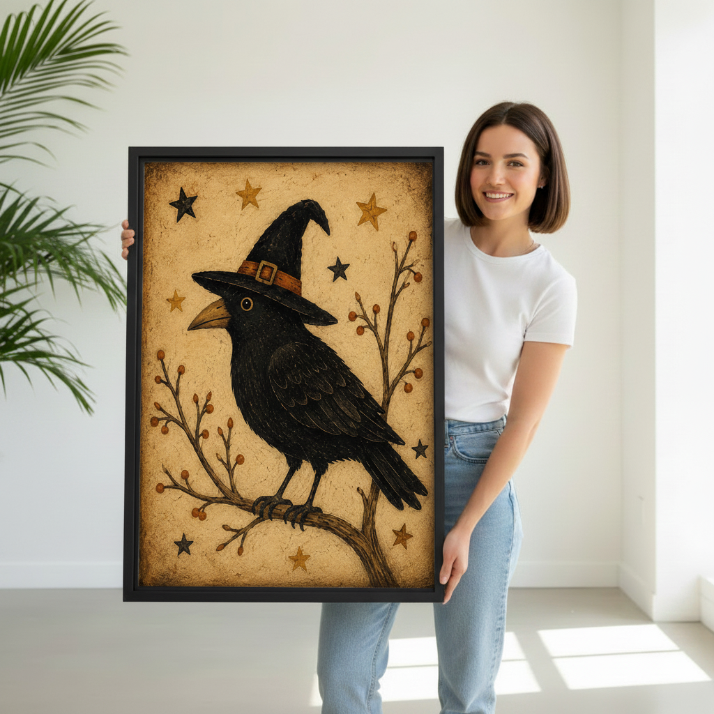 Woman holding witch hat raven canvas wall art to show its large framed size