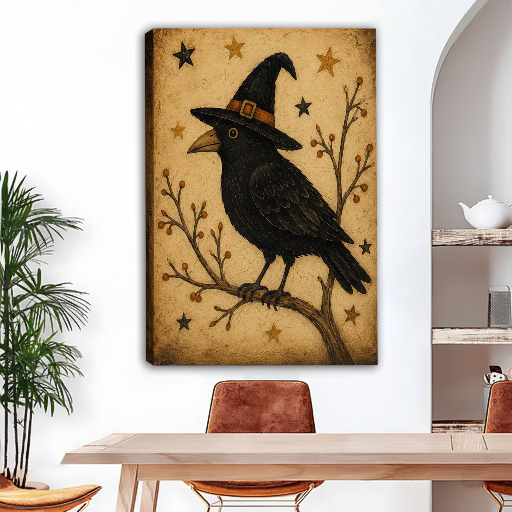Unframed witch hat raven canvas wall art shown above a dining table in a bright interior