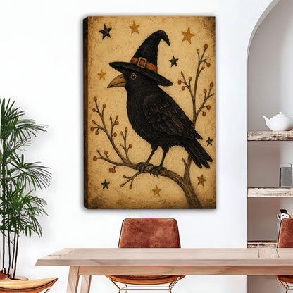 Unframed witch hat raven canvas wall art shown above a dining table in a bright interior