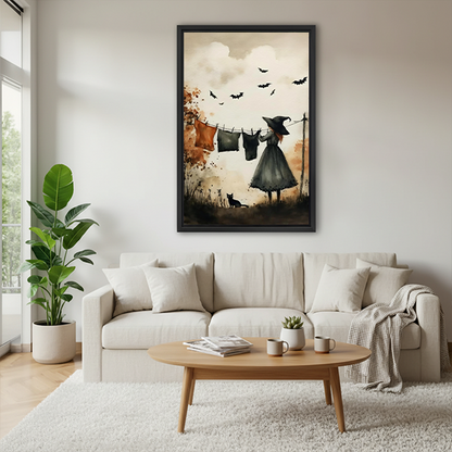 Witch laundry day canvas wall art in a black frame above a cream sofa.