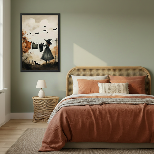 Framed witch laundry day canvas wall art hanging beside a bed with woven headboard.