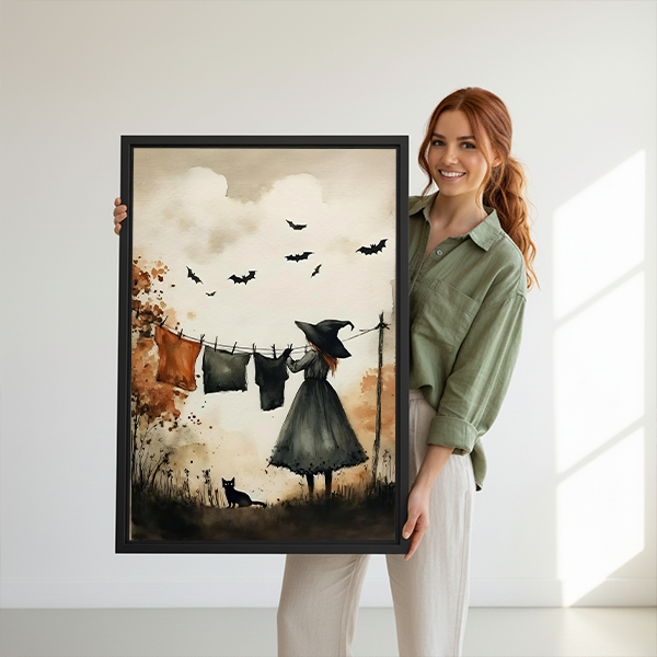 Woman holding framed witch laundry day canvas wall art with dark dress and black cat.