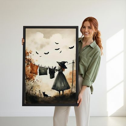 Woman holding framed witch laundry day canvas wall art with dark dress and black cat.
