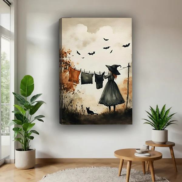 Unframed witch laundry day canvas wall art showing clothesline and bats between potted plants.