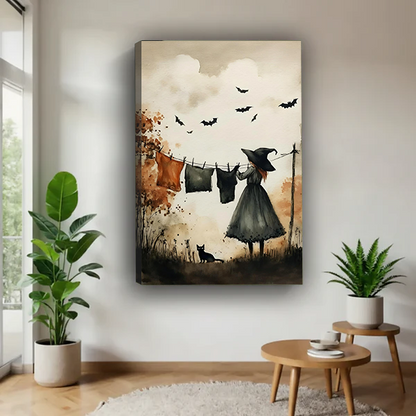 Unframed witch laundry day canvas wall art showing clothesline and bats between potted plants.