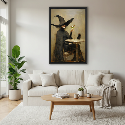 Framed vintage witch martini and black cat canvas wall art beside two plants and a round wood table