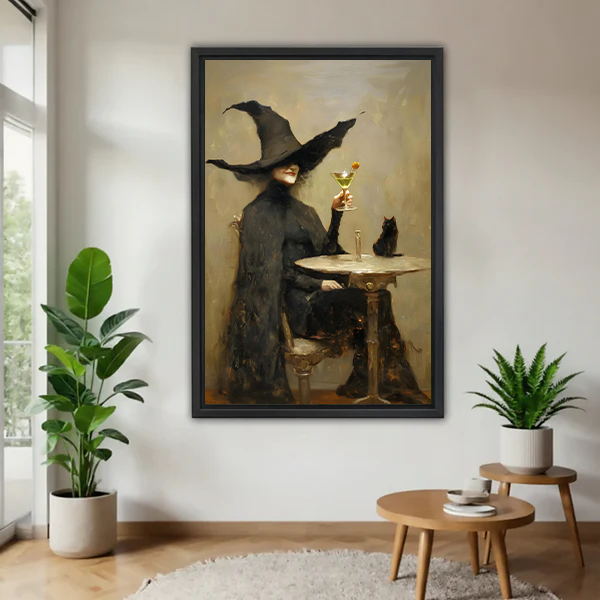 Gallery-wrap vintage witch martini and black cat canvas wall art on a white wall beside potted plants