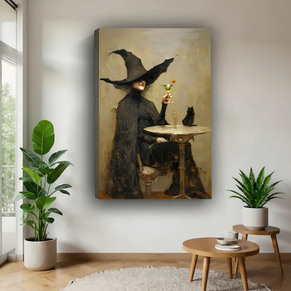 Framed witch martini and black cat canvas wall art on a sage bedroom wall above a rattan bed