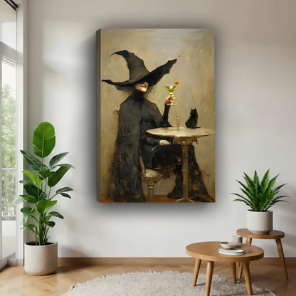 Framed witch martini and black cat canvas wall art on a sage bedroom wall above a rattan bed