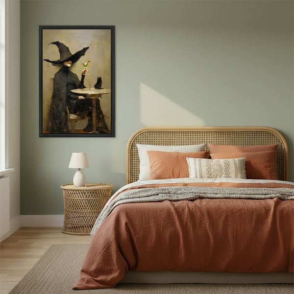 Woman holding a large framed vintage witch martini and black cat canvas wall art to show its size