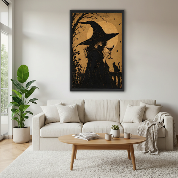 Golden moon witch silhouette canvas wall art framed in black above a cream sofa and oval wood table