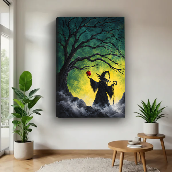 Framed witch and poison apple canvas wall art on a sage bedroom wall above a rattan bed with terracotta linens