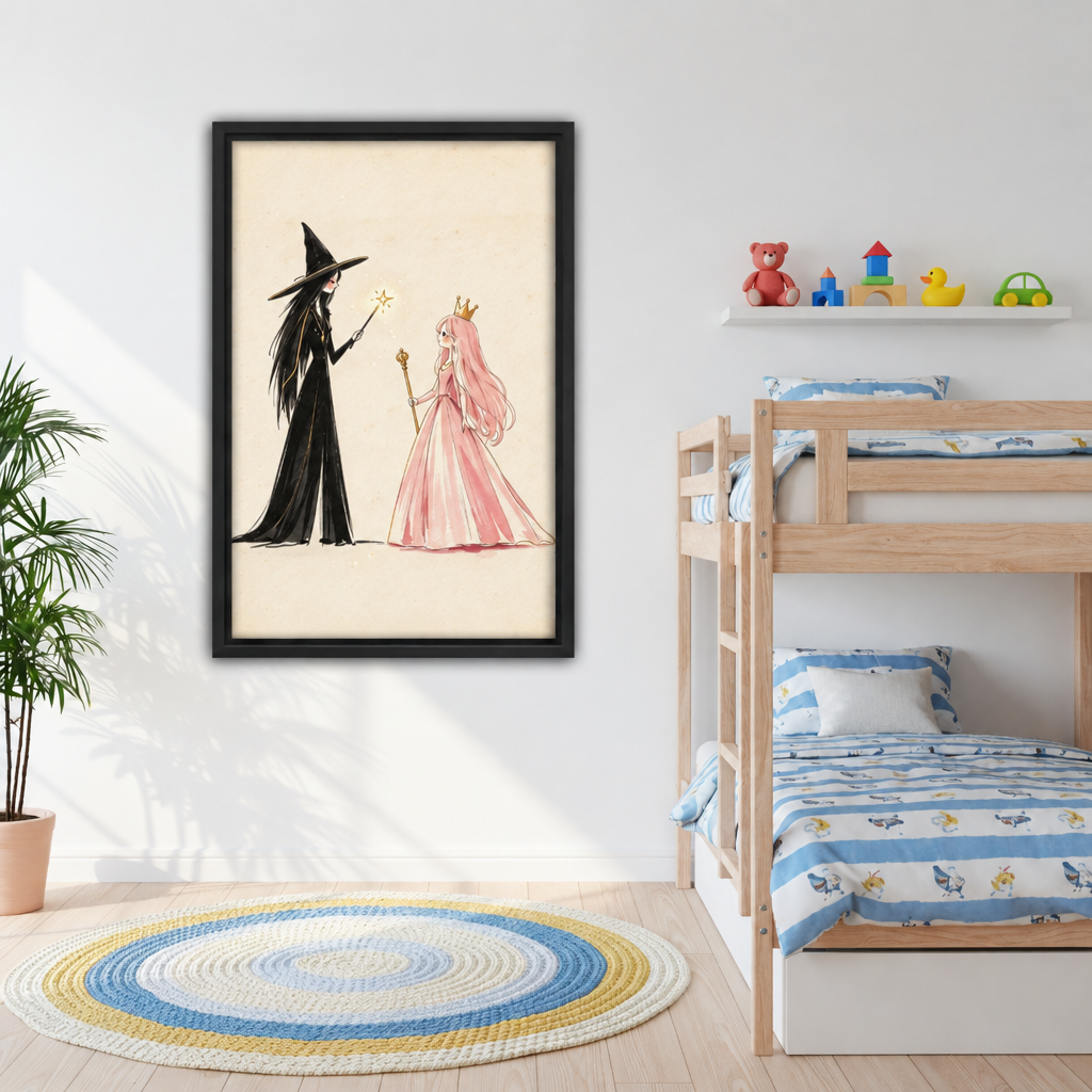 Black witch in tall hat and pink princess in gold crown fairy tale illustration framed canvas beside kids bunk bed with blue striped bedding