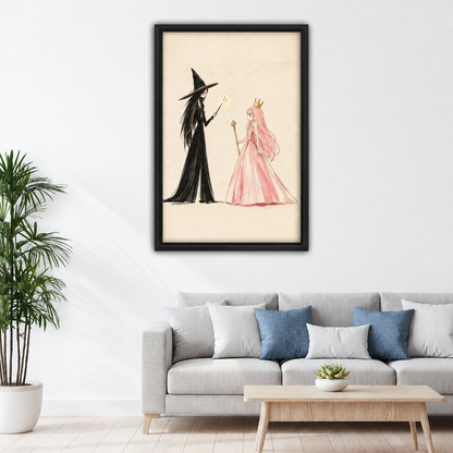 Whimsical illustration of black witch casting magic wand at pink princess with gold crown framed canvas above grey sofa with blue pillows