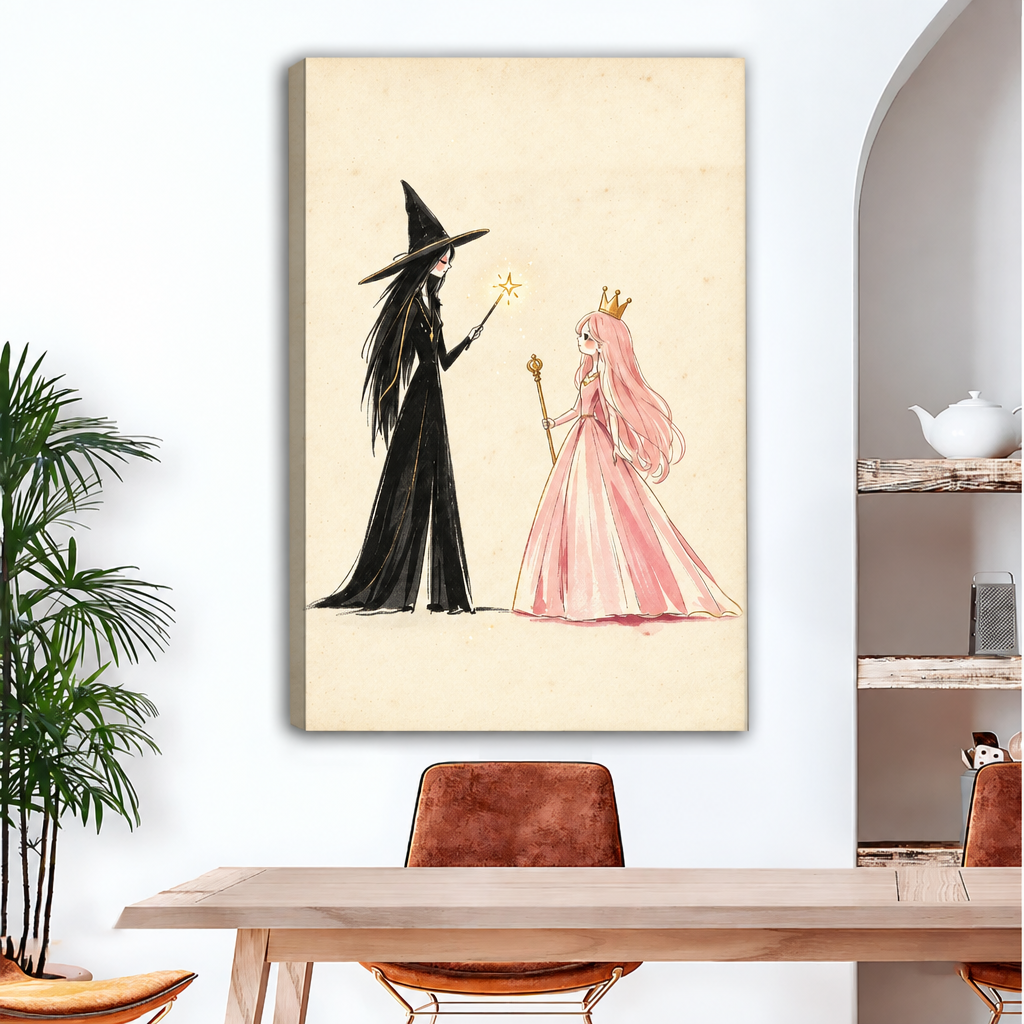 Frameless gallery wrap canvas of whimsical black witch with glowing magic wand and pink princess holding gold scepter on warm cream background above wood dining table⠋