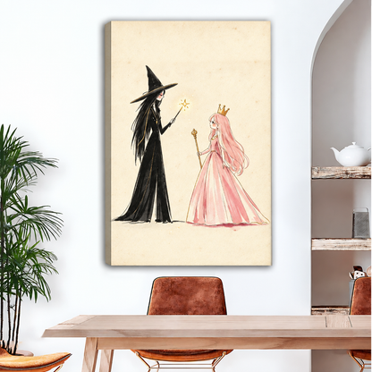 Frameless gallery wrap canvas of whimsical black witch with glowing magic wand and pink princess holding gold scepter on warm cream background above wood dining table⠋