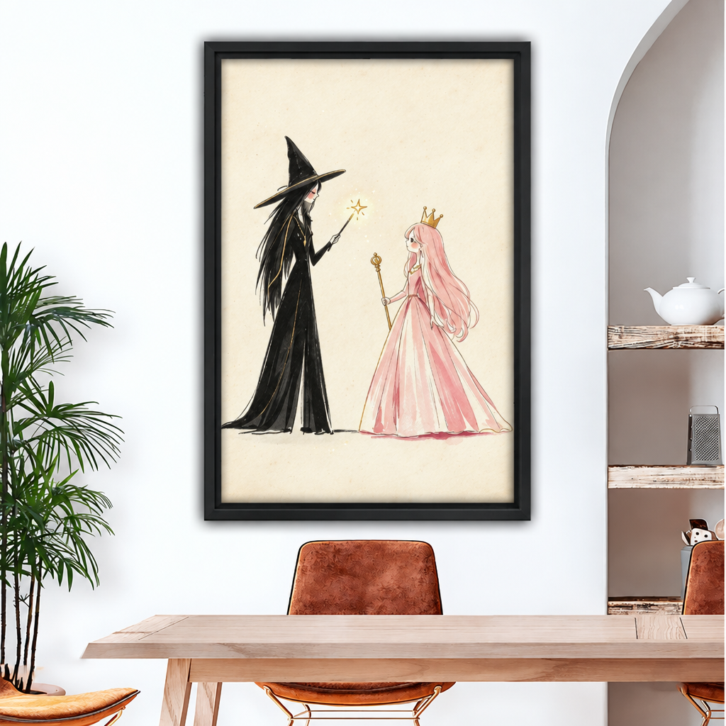 Black witch in pointed hat casting magic wand sparkle at pink princess in gold crown illustration framed canvas above wood dining table with brown leather chairs