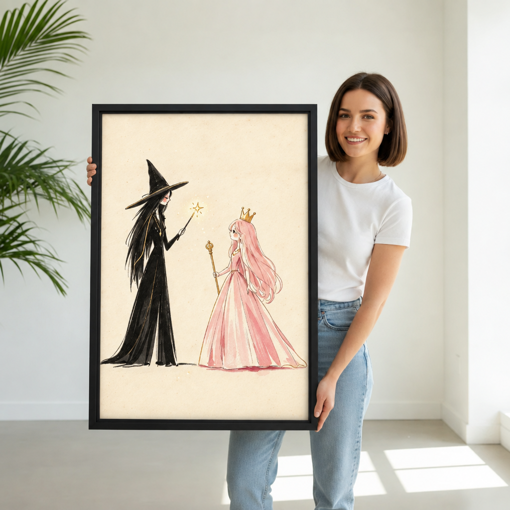 Smiling woman holding large vertical framed canvas of black witch and pink princess fairy tale illustration on warm cream background