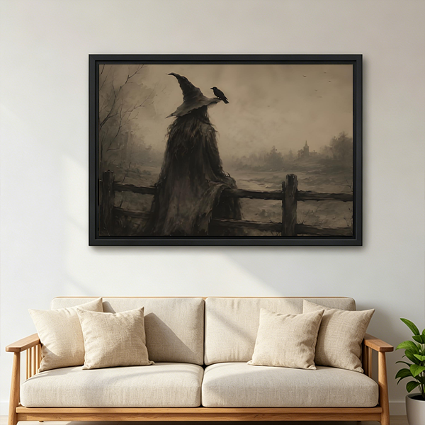 Black-framed witch and raven canvas wall art featuring bare branches and a misty village above a cream sofa.