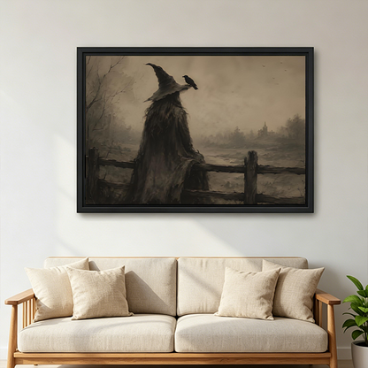 Black-framed witch and raven canvas wall art featuring bare branches and a misty village above a cream sofa.