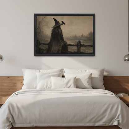 Framed gothic witch and raven canvas wall art displayed above a wooden console beside a black lantern.