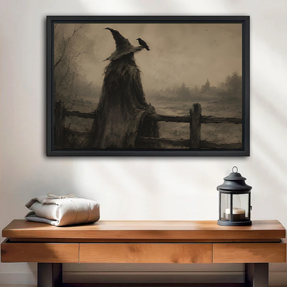 Gallery-wrap witch and raven canvas wall art depicting a misty sepia landscape above a wooden console with a lantern.