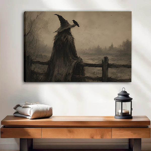 Woman holding black-framed gothic witch and raven canvas wall art featuring a wooden fence and distant village.