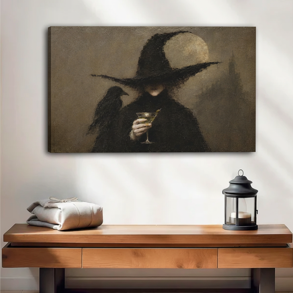 Frameless gallery wrap canvas of a mysterious witch holding a cocktail with a crow perched on her shoulder, hung in an entryway