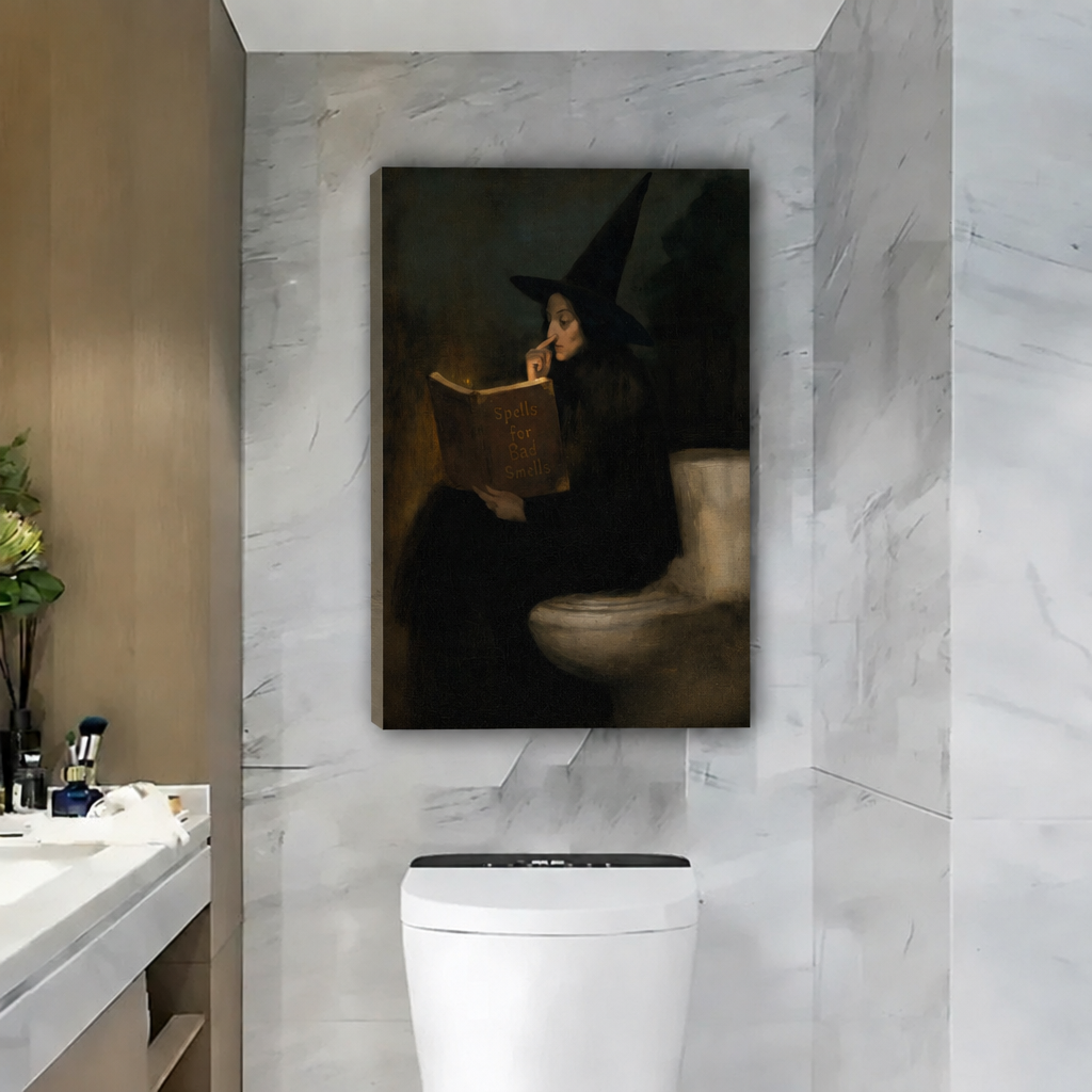 Frameless gallery wrap canvas of dark vintage painting of witch in black hat absorbed in reading spell book on toilet on luxury marble bathroom wall