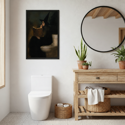 Funny witch in black hat reading a spell book on toilet dark vintage painting framed canvas beside wood vanity with round mirror and potted plants in bright bathroom