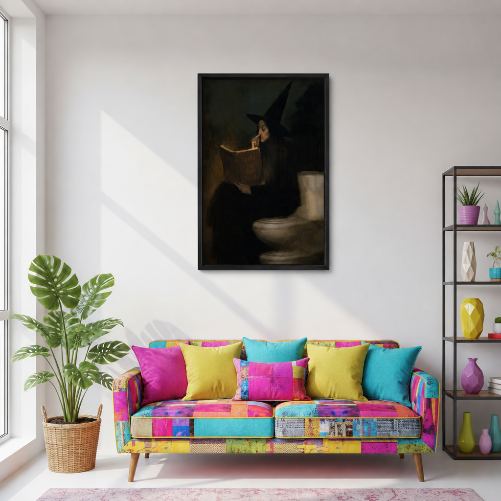 Witch in black hat reading spell book on toilet dark oil painting framed canvas above colorful patchwork sofa with pink yellow and blue cushions