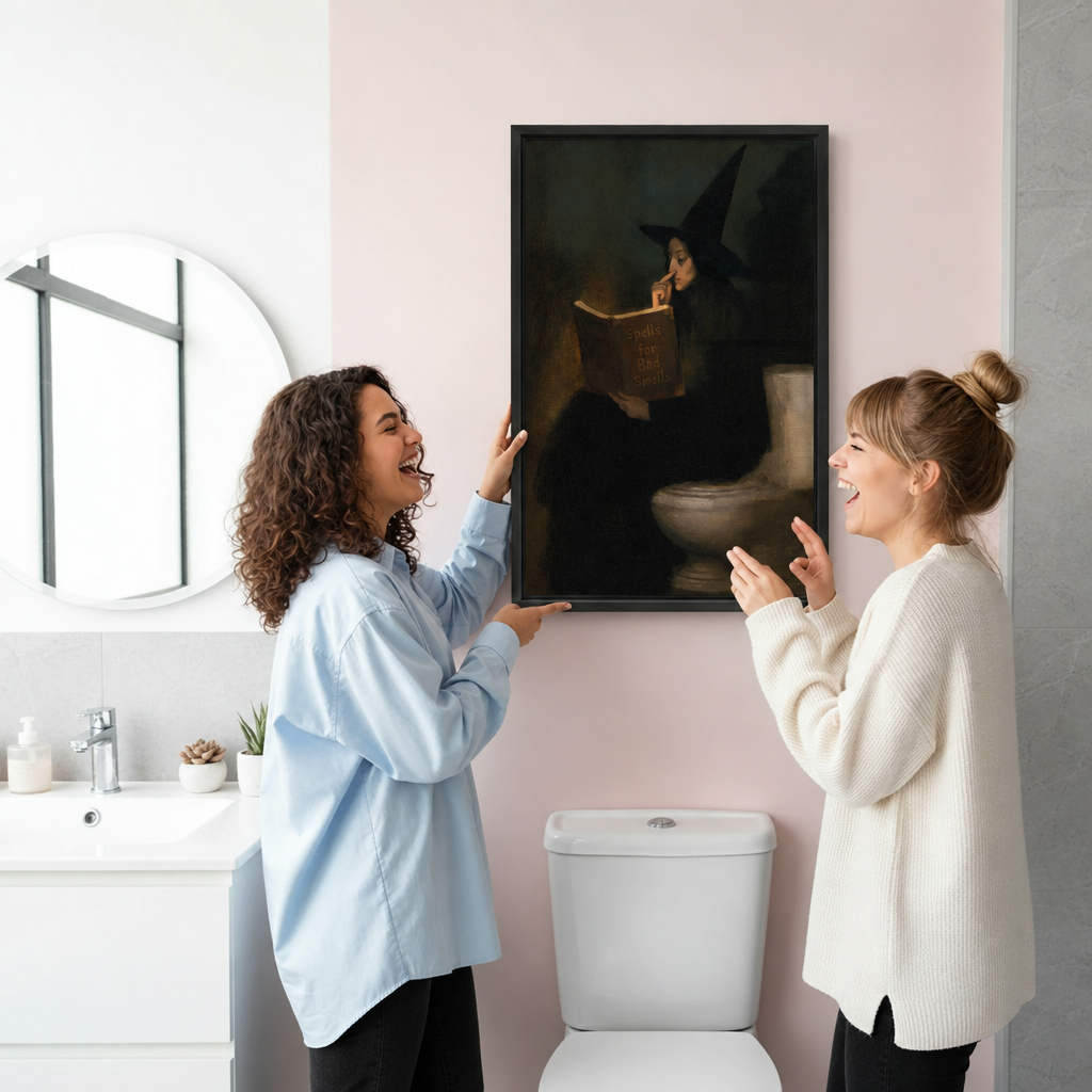 Two women laughing while hanging framed canvas of dark oil painting of witch in black hat reading spell book on toilet in pink bathroom