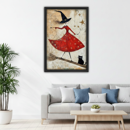  Folk art witch in red dress on broomstick with black cat gold stars framed wall art above gray sofa, eclectic Halloween canvas for living room